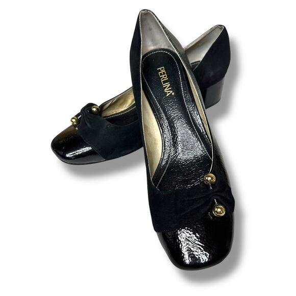 Perlina Pumps Peaches Low Block Heel Gold Details Suede and Patent Leather 9.5M - Picture 4 of 16